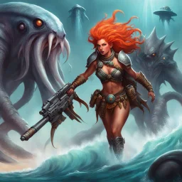 Barbarian warrior woman with a heavy gun gripped tightly in her hands fighting giant monster squid., the spaceship emits eerie, otherworldly sounds that reverberate through the barren landscape. Her regal attire billows behind her as she sprints across the vast, sandy ocean. Its drooly, drooling head looms dangerously close, dripping with acidic saliva.