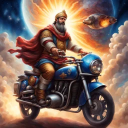 Kebab Man mounted his holy motorcycle, the engine roaring to life with divine power. With a final glance at the celestial realms, he sped down to Earth from heaven, ready to begin his quest.