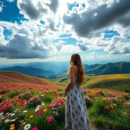 beautiful Green hills covered with flowers colorfull ,blue sky heavy clouds with godray ,very nice flowers at closeup ,wonderfull mountains at distance,beautiful lady standing at hills full body shot look at camera