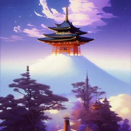 a traditional Japanese quite Torii on a mountain, dark,night , MOON IN SKY, DARK PURPLE SCHEME, by studio ghibli painting, clouds, wide angle , low-angle shot, by Joaquin Sorolla rhads Leyendecker, by Ohara Koson and Thomas Kinkade, traditional Japanese colors, superior quality, masterpiece