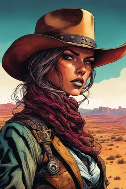 highly detailed full color concept illustration of Wild West female anti heroine gunslinger in the desert Southwest , maximalist, sharp focus, finely detailed facial features, highest resolution, in the styles of Alex Pardee, Denis Forkas , and Masahiro Ito, boldly inked, 8k, coarse, gritty textures