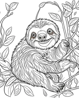 create a 2d black outline, "safari smiling cartoon sloth on a branch coloring book for kids", coloring page, low details design, black contour, coloring page design, simple background, colorful , card style, coloring page for kids, white background, sketch style, safari landscape, cartoon style