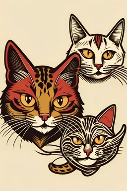 Image of a cat head and rooster face, sailor Jerry style