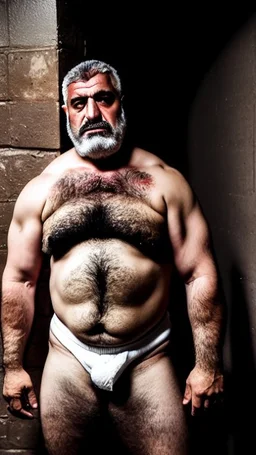 full figure shot photography of a burly stocky turkish prisoners , 55 years old shirtless in white dirty pants, long beard, long hair , in a dark prison, dirty, ugly, bullneck, muscular, manly chest, shirtless, bulge, misery and poverty, emotive eyes, photorealistic, ultradetailed, 32k, side view from below