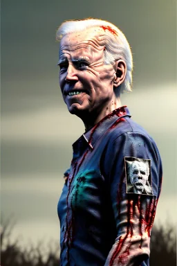 Ultra realistic image, joe biden zombie, zombie performance, blood, torn arm, night, walking twisted, waist up view, dark ambient, highly detailed, sky background, concept art, unreal engine 5, god rays, ray tracing, RTX, lumen lighting, ultra detail, volumetric lighting, 3d, finely drawn, high definition, high resolution.