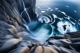 massive intimidating rock cliffs ascend all around and further up out of view. far below, the stormy ocean swirls intimidatingly. The ocean water falls off a waterfall down into a circular pit