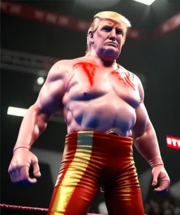 Realistic photo, Wrestler Donald trump, wrestling, sweat, blood, red breeches, suspenders, retro style, 80s, hot ambient, photo studio, vibrant color, gradient, highly detailed, art stations, concept art, smooth, unreal engine 5, god rays, ray tracing, RTX, lumen lighting, ultra detail, volumetric lighting, 3d, finely drawn, high definition, high resolution.