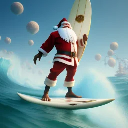 Santa standing of surfboard surfing a big wave, surfboard, beach, character design by cory loftis, fenghua zhong, ryohei hase, ismail inceoglu and ruan jia. unreal engine 5, artistic lighting, highly detailed, photorealistic, fantasy