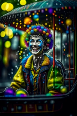 hyper real oil painting portrait of juggling laughing dreaming harlequin in cable trolley in slimy bubbles and gelatinous background, zeiss prime lens, bokeh like f/0.8, tilt-shift lens 8k, high detail, smooth render, down-light, unreal engine, prize winning