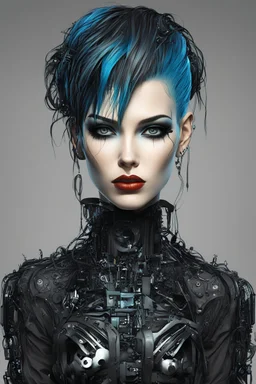 Create a wild, imaginative, full body, cybernetics enhanced goth punk girl with highly detailed facial features, in the vector graphic style of Nirak1,Christopher Lee, and Cristiano Siqueira, vibrant colors, sharply defined 3d vector