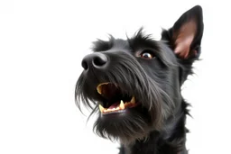 side-front of head nose, mouth with teeth, ears and eyes of a black Scottish terrier coming up from the side-bottom, mouth open biting, white background