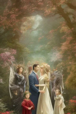 family portrait, detailed hands, detailed faces, ebony family, at dawn by atey ghailan, golden light, white robe, holding leaves and flowers, angels background, volumetric light, high detail, red leaf tree, mountains in background, perfect, angels