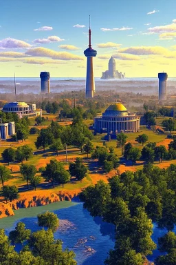 The remains of the city of Madison, Wi, as it would be depicted in the Fallout series of video games. Photorealistic, color