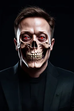 Portrait of Elon musk, scary skeleton face with red eyes