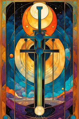 Create a chaotic abstract cubist Tarot Card depicting The 3 of Swords , in the style of Bill Sienkiewicz, Philippe Druillet, Gustav Klimt, Alphonse Mucha, and Jean Giraud Moebius, precisely drawn, colored and inked, in muted colors, with ornate bordered edges