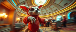 pin hole cam, knitted fluffy mean wolf alien gremlin badger star ship bridge captain dancing in a big hall in the style of Rembrandt and Escher and Dali, motion blur