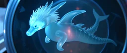The image depicts a fantastical dolphin snow soup, specifically a transparent with neon flash aura, with a unique and whimsical appearance. The dragon is positioned in a circular frame, which suggests it might be inside a container or a vessel. The dragon's body is elongated and has a segmented appearance, with a detailed texture that gives it a realistic look. Its head is covered with white, spiky hair, adding to its fantastical charm. From the weird dragon lab.