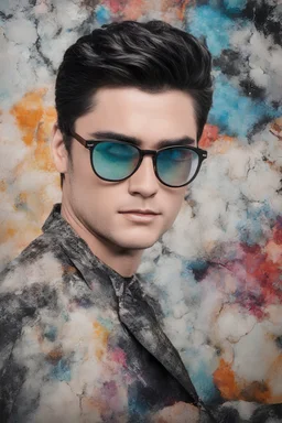 Elvis Presley, Lucy Hale Hybrid, thick, black framed cat-eye eyeglasses, 4k UHD, photorealistic, bright, extremely colorful, multicolored, foggy, gradated marble wall background, extremely detailed skin texture,