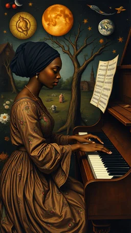 Hieronymus Bosch style , a black women playing the piano