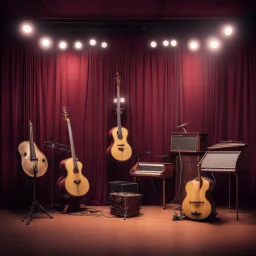 Photographic View Of Eastern Musical Instruments Set In Orchestral Way In A Music Studio Made Of Grunge Maroon Walls With Marquees Lights 80s Style.