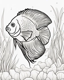 Cartoon outline, Discus fish full body, coloring pages, no color, highly detailed, black and white, white background, highly detailed