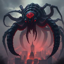 massive black and red eldritch centipede with a glowing red eye symbol on it's forehead, looming over a city