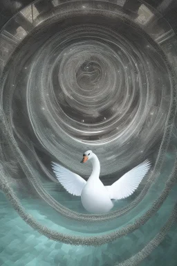 artwork concept illustration, Swan in a lake in a vortex of stairs, by M.C.Escher