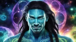 beautiful gorgeous young man na'vi with long hair, Avatar, blue skin, two small ears, green eyes, black hair, in cosmic suit, galactic ambiance, medium pointy goatee , smiling, nebulas and sacred geometry light figures on the backgroud,