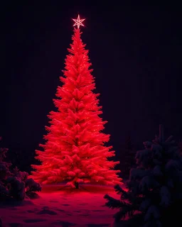 A very beautiful red Christmas tree in a frozen place, dark Background, 8k, glowing.