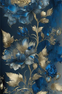 Beautiful flowers, blue watercolour and black ink, shiny gold metallic pieces outlining highly detailed digital painting elegant intricate very attractive award winning fantastic view crisp quality