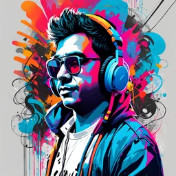 Illustrative sketch of Gustavo Petro in music with headphones, contrasting colors, full body, ultra quality, hyper detailed, graffiti, concept art, maximalism, 8k