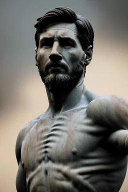 Ultra Realistic image, classical renaissance sculpture, marble material, Lionel Messi, emperor style, chisel style, waist up portrait, epic, celestial, cinematic lighting, God light, god rays, 4k resolution, smooth details, ornate details, soft lighting, unreal engine 5, sky background.