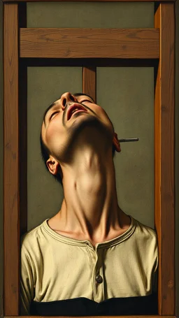 Hieronymus Bosch style , a man neck cut by the Guillotine