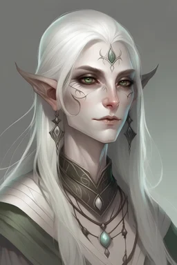 female 40 astral elf with metalic grey hair, pale skin, no iris, dark eyes who is a druid with white intrinsic tattoo on face