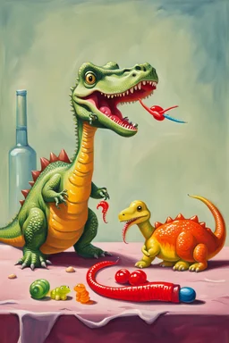 In this still life painting, a small plastic dinosaur is facing off with a gummy worm, both looking rather stern. The dinosaur has its tiny arms crossed in defiance, while the gummy worm seems to be attempting to reason with it. Meanwhile, a lone marshmallow sits nearby, looking bewildered by the whole situation. It's a humorous take on the clash between toys and sweets, with a touch of dry wit.