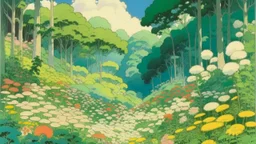 An illustration by Miyazaki and Monet of a landscape of blooming flowers and lush vegetation.