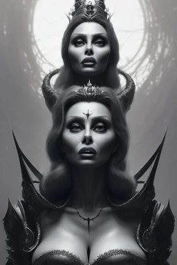 Sophia Loren as evil queen in black leather, cleavage, angry, stern look. character design by cory loftis, fenghua zhong, ryohei hase, ismail inceoglu and ruan jia. unreal engine 5, artistic lighting, highly detailed, photorealistic, fantasy