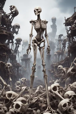 a bone yard with a tall android woman standing at the top of a pile of bones