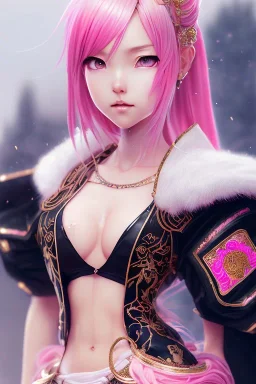 Detailed cute anime Kunoichi girl, pink hair buns, pink bangs, black latex bodysuit, intricate details, full body portrait, keep head in frame, slight smile, black Japanese motif, concept art, highly detailed, digital painting, concept art, sharp focus, illustration, art by Yoji Shinkawa, WLOP and greg rutkowski and alphonse mucha and artgerm and yanjun Chen and Junji ito and Makoto Shinkai, HDR, octane render