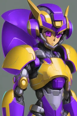 A Genderless Cyborg made of metal, has a human like face with a long violet ponytail, the cybord is wearing armor similar to Megaman. The color palatte of the armour is deep purple and yellow.