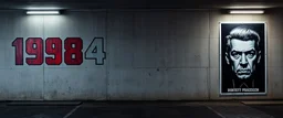 background of wall(wet textured concrete, gray, old, cracked, stained, 1 wall light) from underground parking, german style, a large blocky "1984" painted on left(old faded paint), cyberpunk, to the right of opening row of posters(blank) ending with a larger poster(tightly cropped face, scornful, staring, dictator, from 1984)