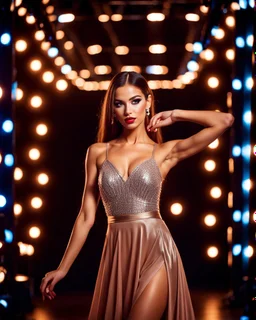 full-body closeup shot of a young, beautiful girl with a perfect face and makeup,wearing pretty dance dress standing in a stage of a luxury disco stage with perfect lights