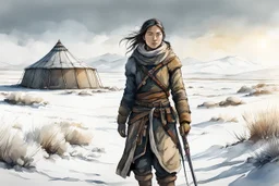 create an ink wash and watercolor, full body, young, otherworldly lost Siberian nomadic female huntress concept art character, with highly detailed, sharply lined and deeply weathered facial features, outside her yurt in a desolate tundra steppe landscape , in natural winter tundra colors, 4k