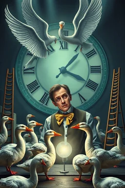 news muscle gambler scientist journalist harlequin playing geese dinosaur reptiles in very bright light bulb factory on the docks with twisted ladders with the most a confused look on his face in front of a huge glass prism clock with angels, in the style of Escher