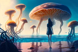 woman standing on the shores of an alien world, with mushrooms with jellyfish tentacles, floating in the air, photorealistic, Detailed Matte Painting, Deep Colour, Fantastical, Intricate Detail, sunshine