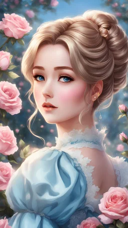 a beautiful illustration of an anime girl with shiny golden chignon hair wearing a light blue Victorian dress. Her eyes should be lovely and captivating. Surround her with pink roses for a touch of elegance and romance.