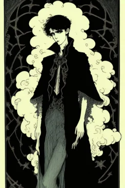 17 year old boy, necromancer, friendly, looks dead, surrounded by weird smoke with eyes, wearing black robes, in the style of Harry Clarke