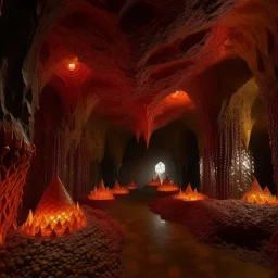 A grayish red cave filled with amber spikes designed in Mehndi design