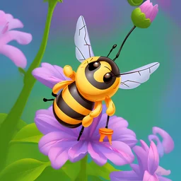 Acute, adorable baby bee on a beautiful flower, disney style cartoon