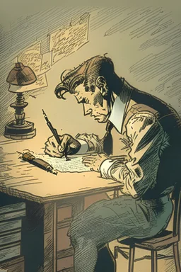 a madman writing on a paper sitting infront of a desk, vintage comic style